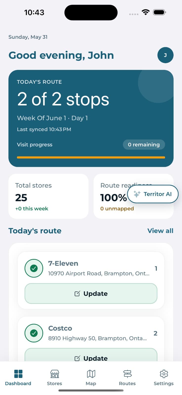 Territory Pilot — daily route dashboard