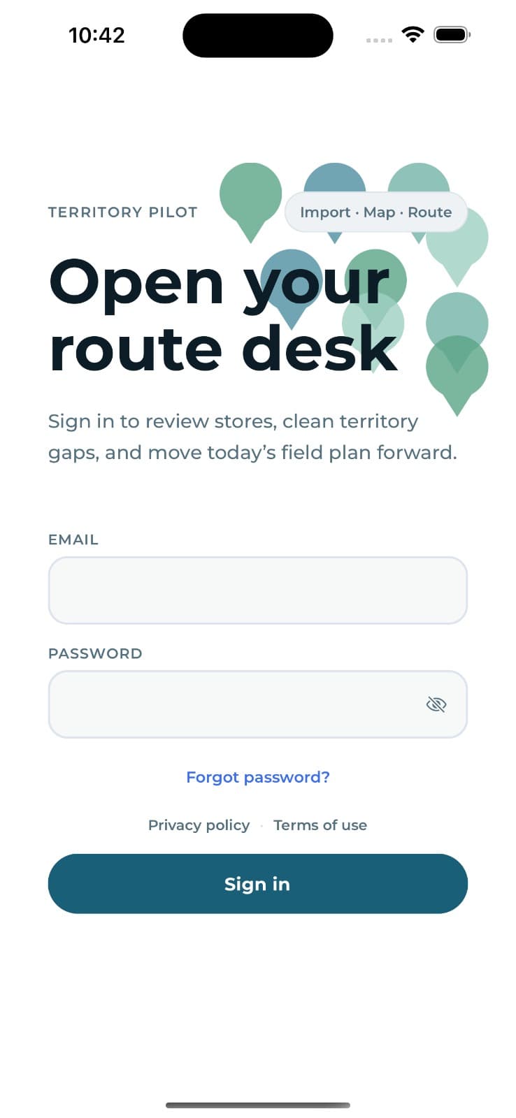 Territory Pilot — sign in screen